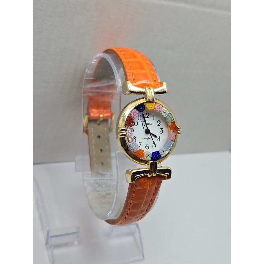 Venice Art Glass Murano Millefiori Gold Tone Orange Round Wristwatch New Battery - Picture 3 of 12